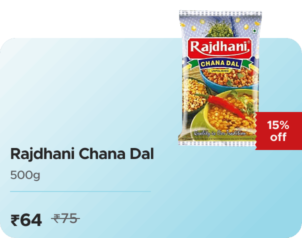 Hamara Mall Rajdhani Chana Dal 500g — effective ₹64 (was ₹75)